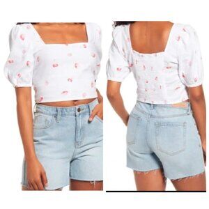 BP Puff Sleeve Crop Top, WHITE BRILLIANT TOSSED BERRIES, Size L, NWT
